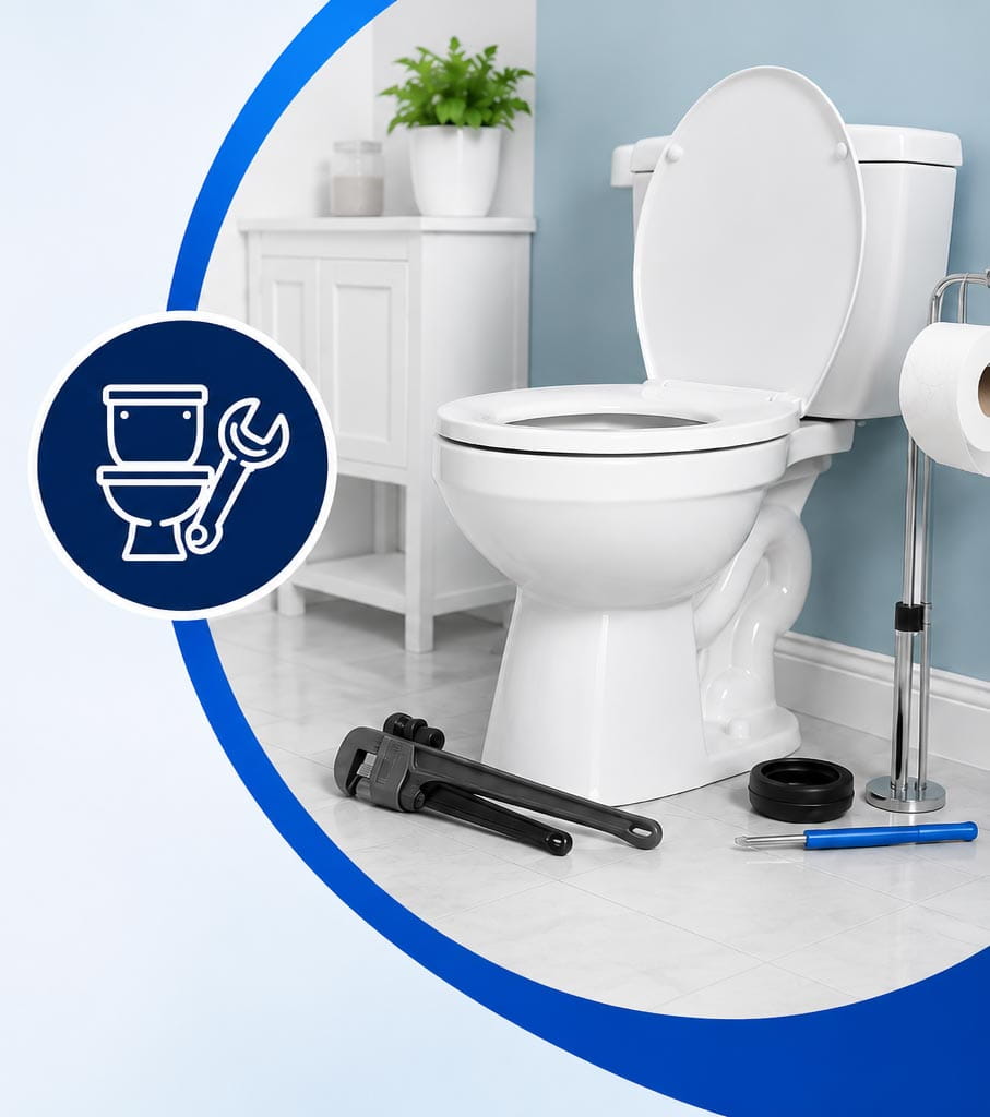 Toilet installation and repair with plumbing tools in a modern bathroom
