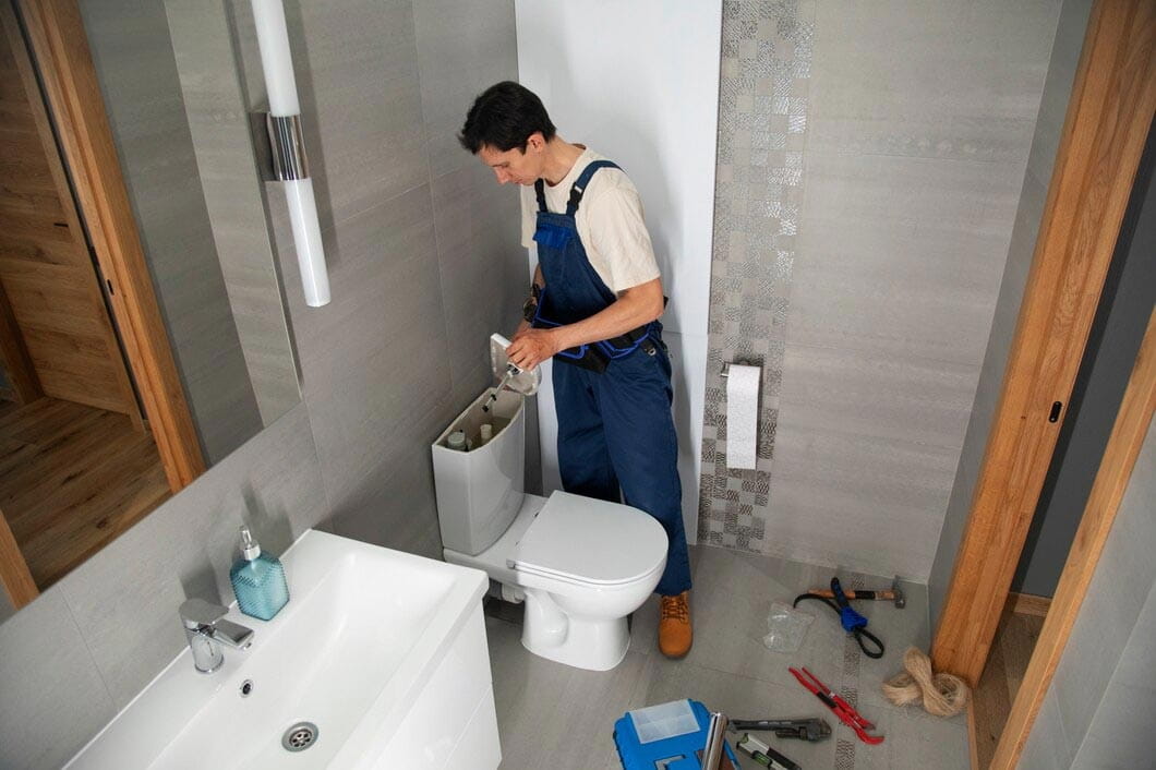 Plumber installing a toilet in a modern bathroom