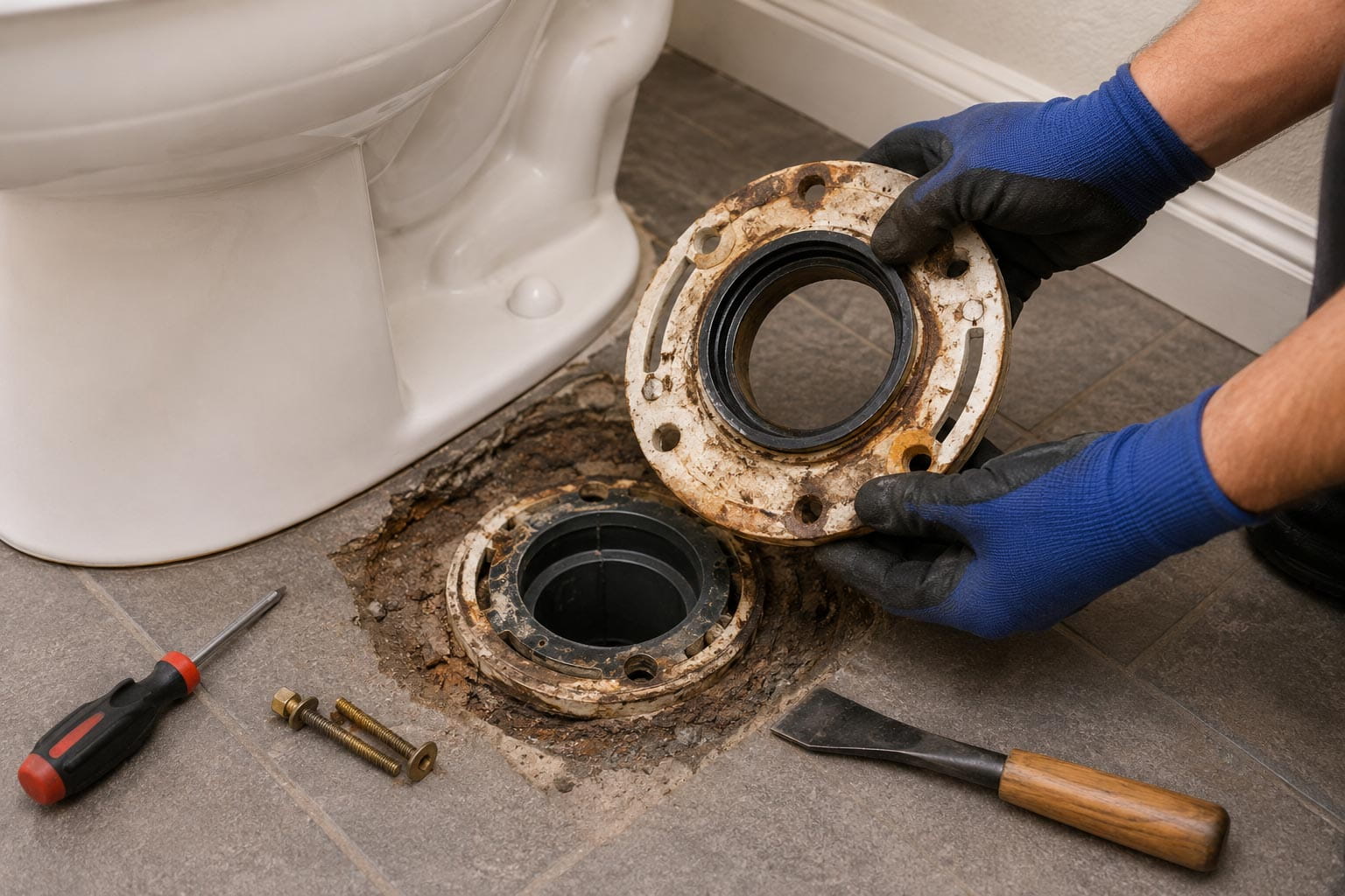 Plumber replacing a toilet flange and wax ring with tools nearby