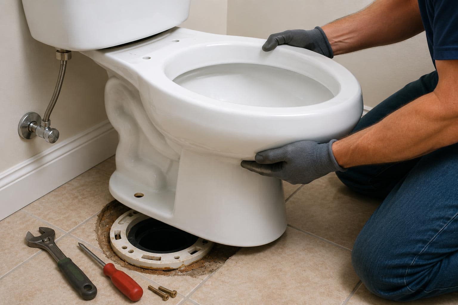 Plumber installing a white toilet over a floor drain