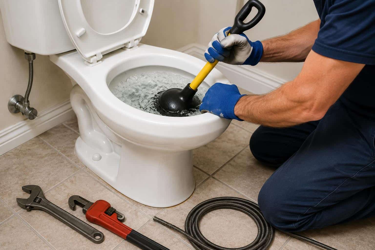 Plumber unclogging a toilet with a plunger