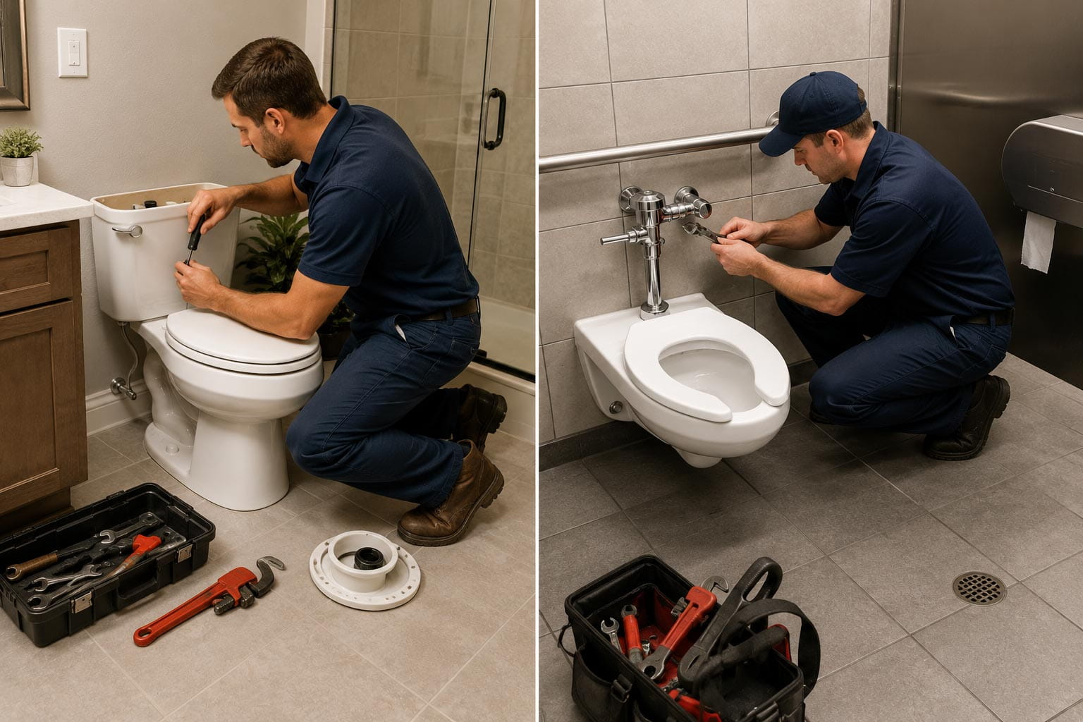 Plumber repairing toilets in residential and commercial bathroom settings