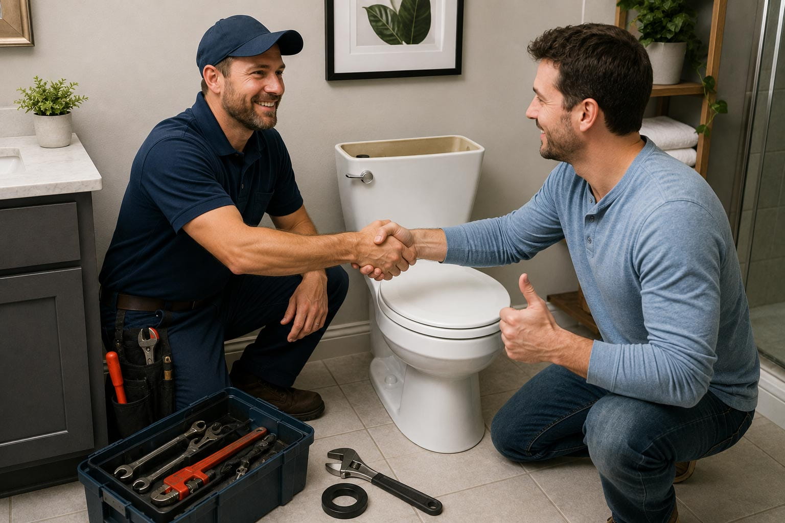 Two men shake hands beside a toilet in a bathroom, with a plumber’s tools nearby