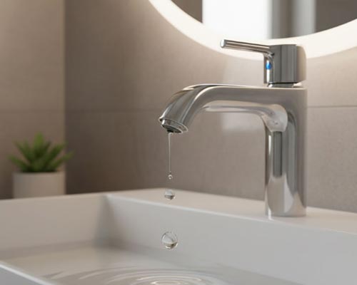Modern bathroom sink with a chrome faucet and dripping water