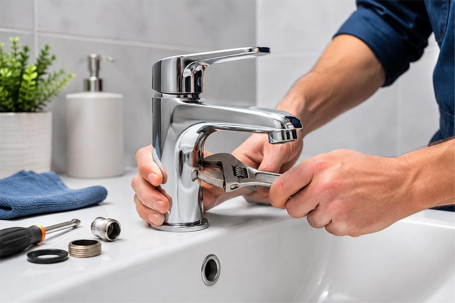 bathroom faucet being repaired with an adjustable wrench