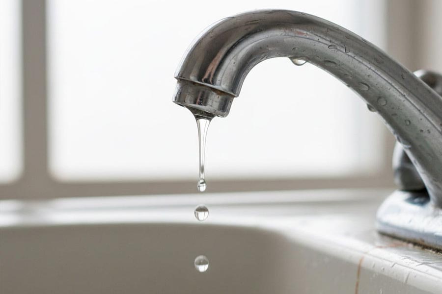 Close-up of a leaking kitchen faucet dripping water into the sink