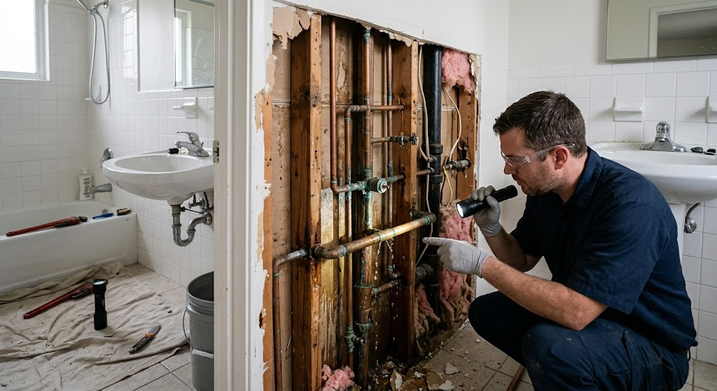 Plumber inspecting exposed pipes behind a bathroom wall with a flashlight