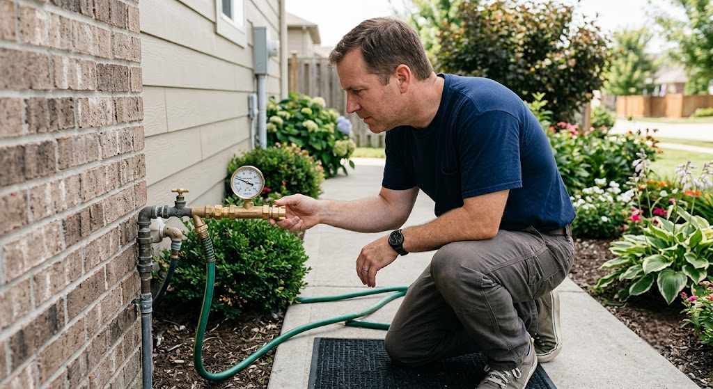 Man kneeling outside a home checking household water pressure using a gauge attached to an outdoor hose spigot