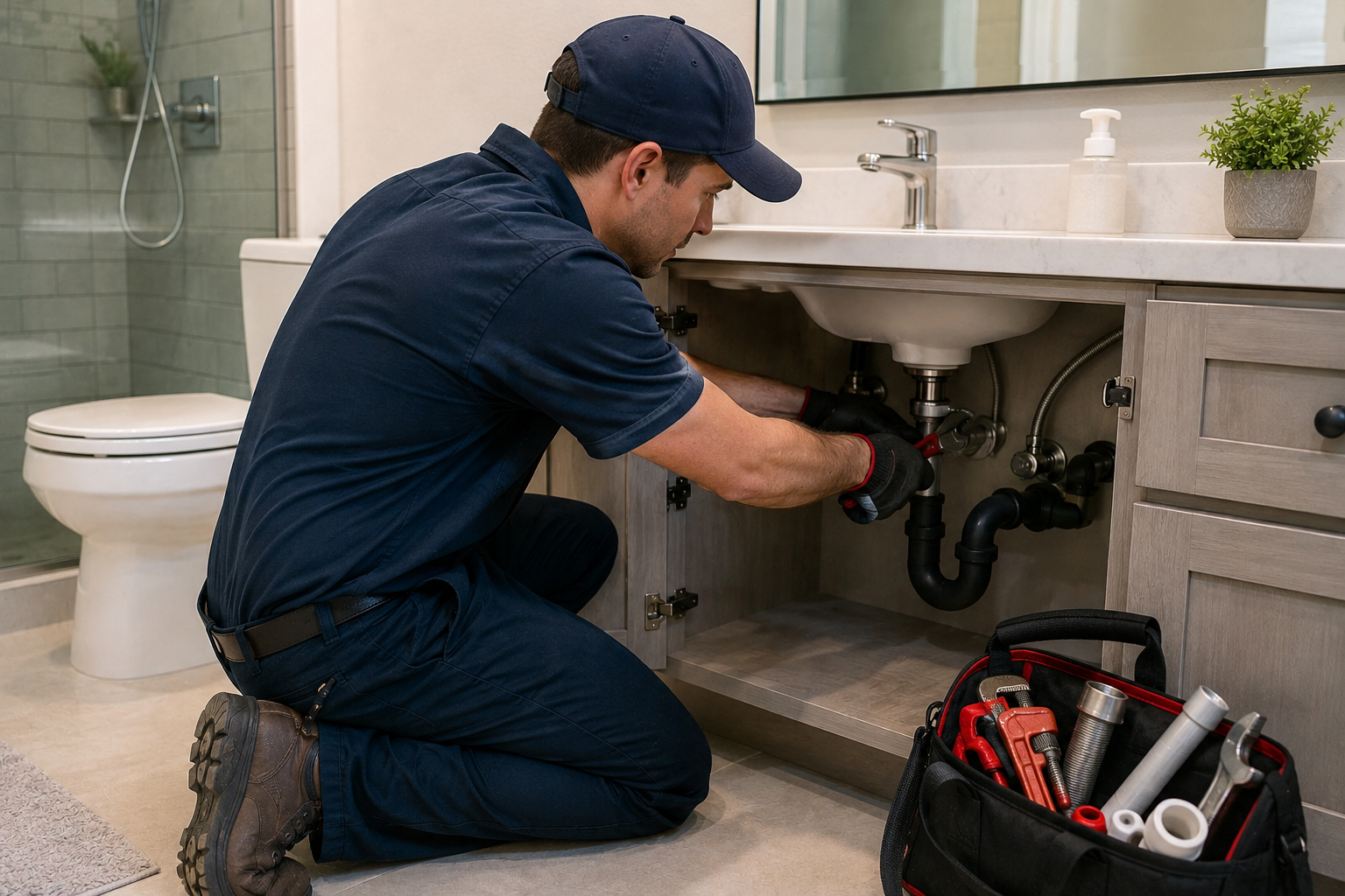 Professional plumber repairing bathroom sink pipes under a vanity with plumbing tools