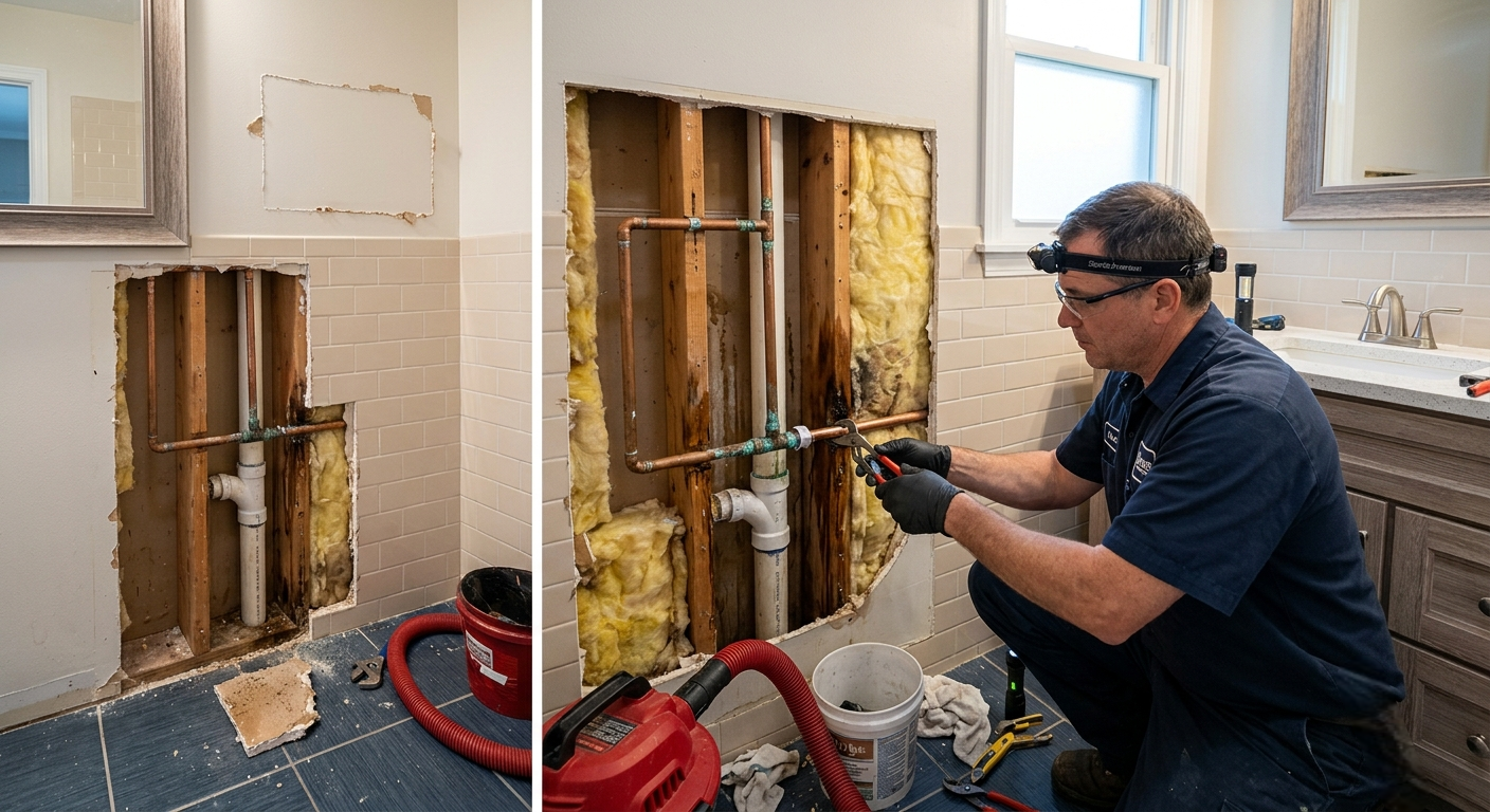 Plumber inspecting exposed pipes behind a bathroom wall with a flashlight