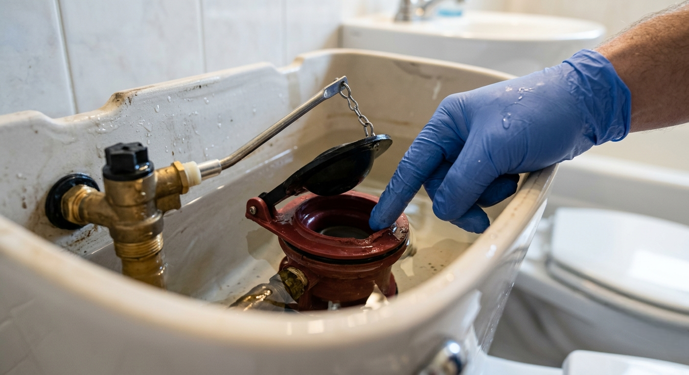 A gloved hand pointing to a damaged flush valve seat inside an open toilet tank