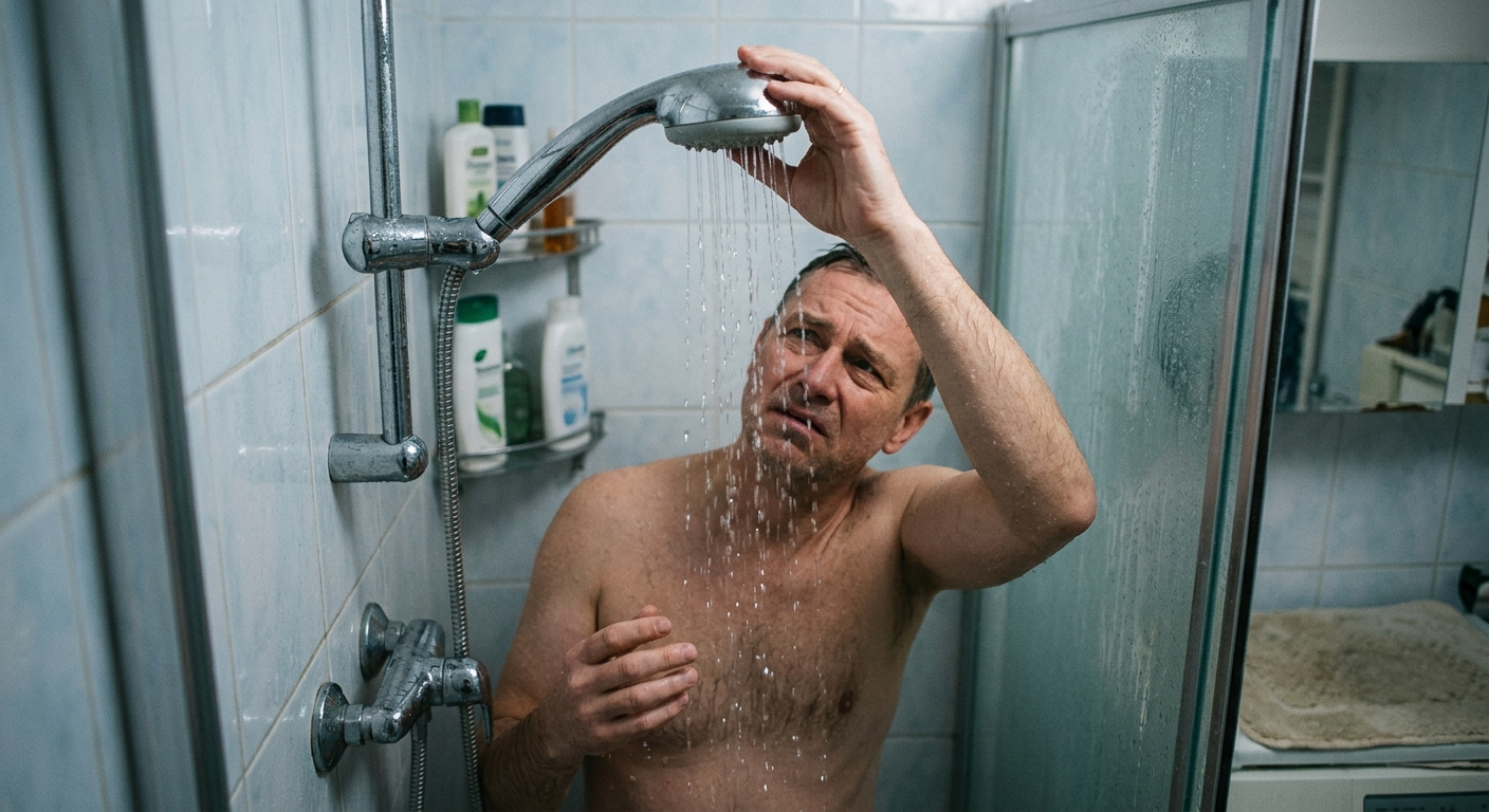 A frustrated man holding a shower head as water trickles out weakly in a modern bathroom, illustrating low water pressure