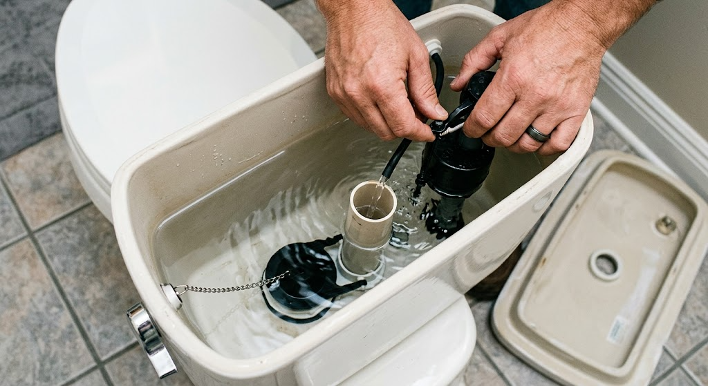 Toilet tank fill valve installation and plumbing repair