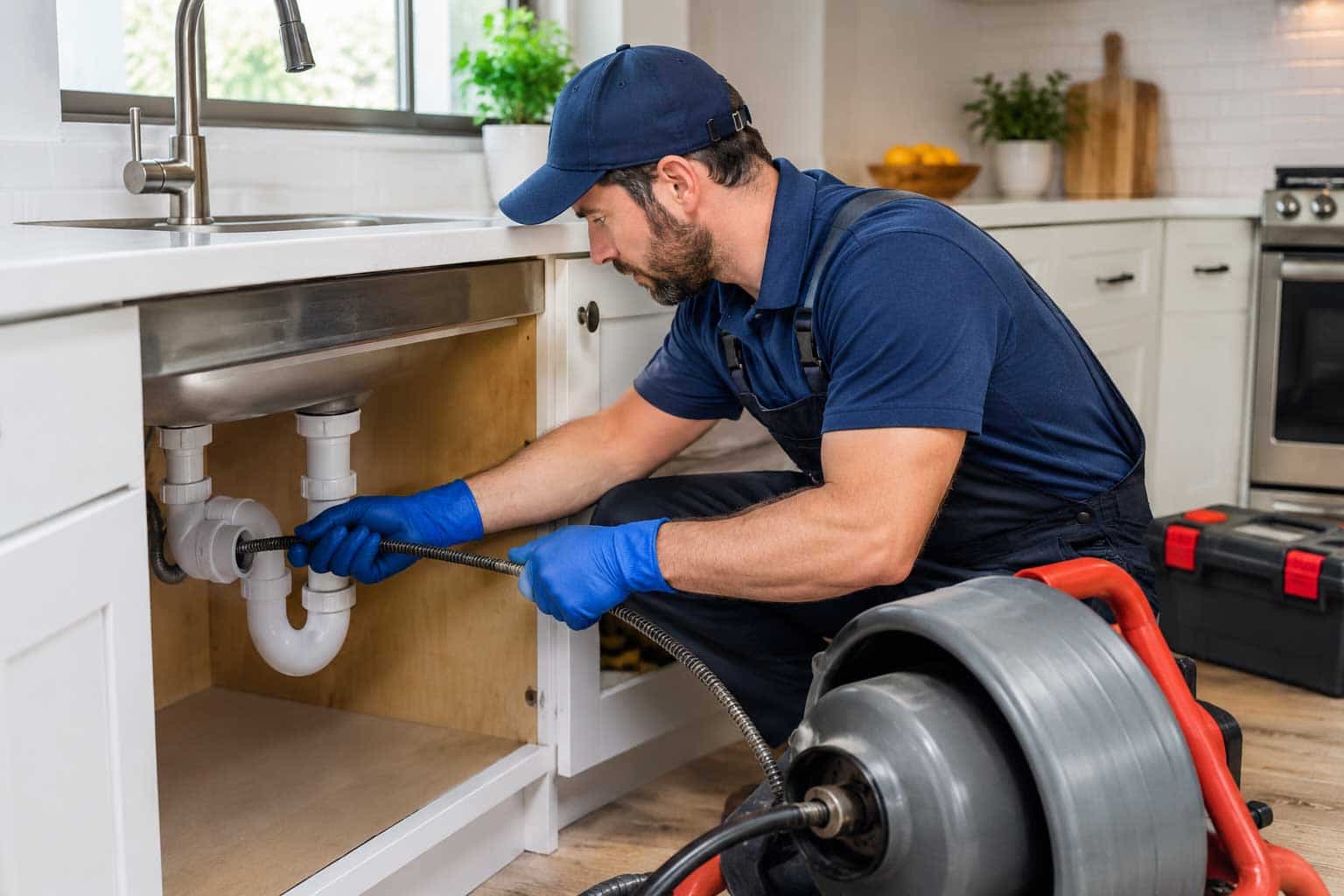 Professional plumber using a drain snake to clear a clogged kitchen drain