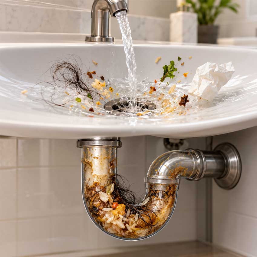 Photorealistic sink with hair, food debris, grease, and tissue causing a clogged drain and blocked P-trap.