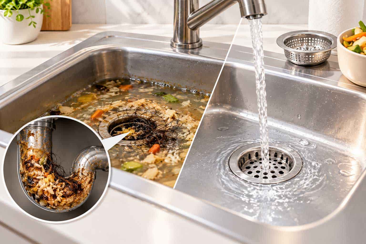 Realistic kitchen sink showing a clogged drain with food debris, hair and grease contrasted with a clean sink and drain strainer for prevention.