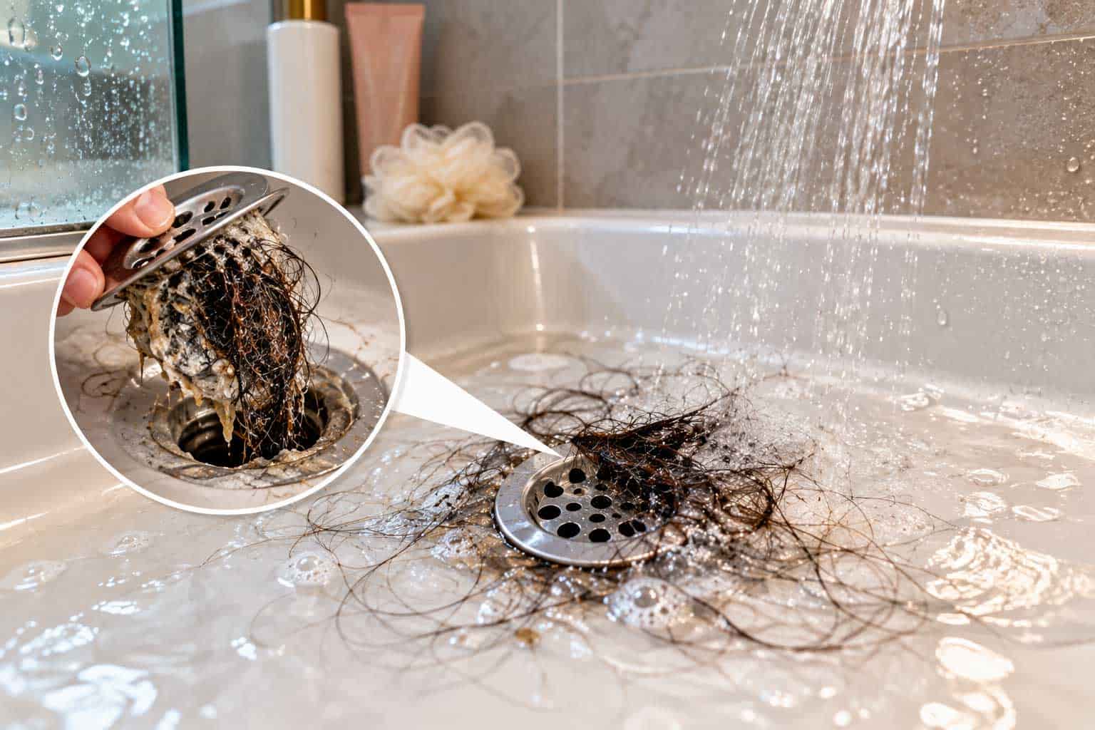 Realistic shower and bathtub drain clogged with hair, soap residue, and standing water, showing the buildup causing slow drainage.