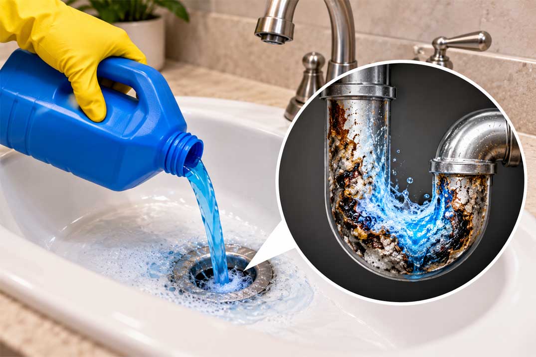 Gloved hand pouring chemical drain cleaner into a clogged sink, with a close-up showing the cleaner reacting inside a dirty, corroded P-trap.