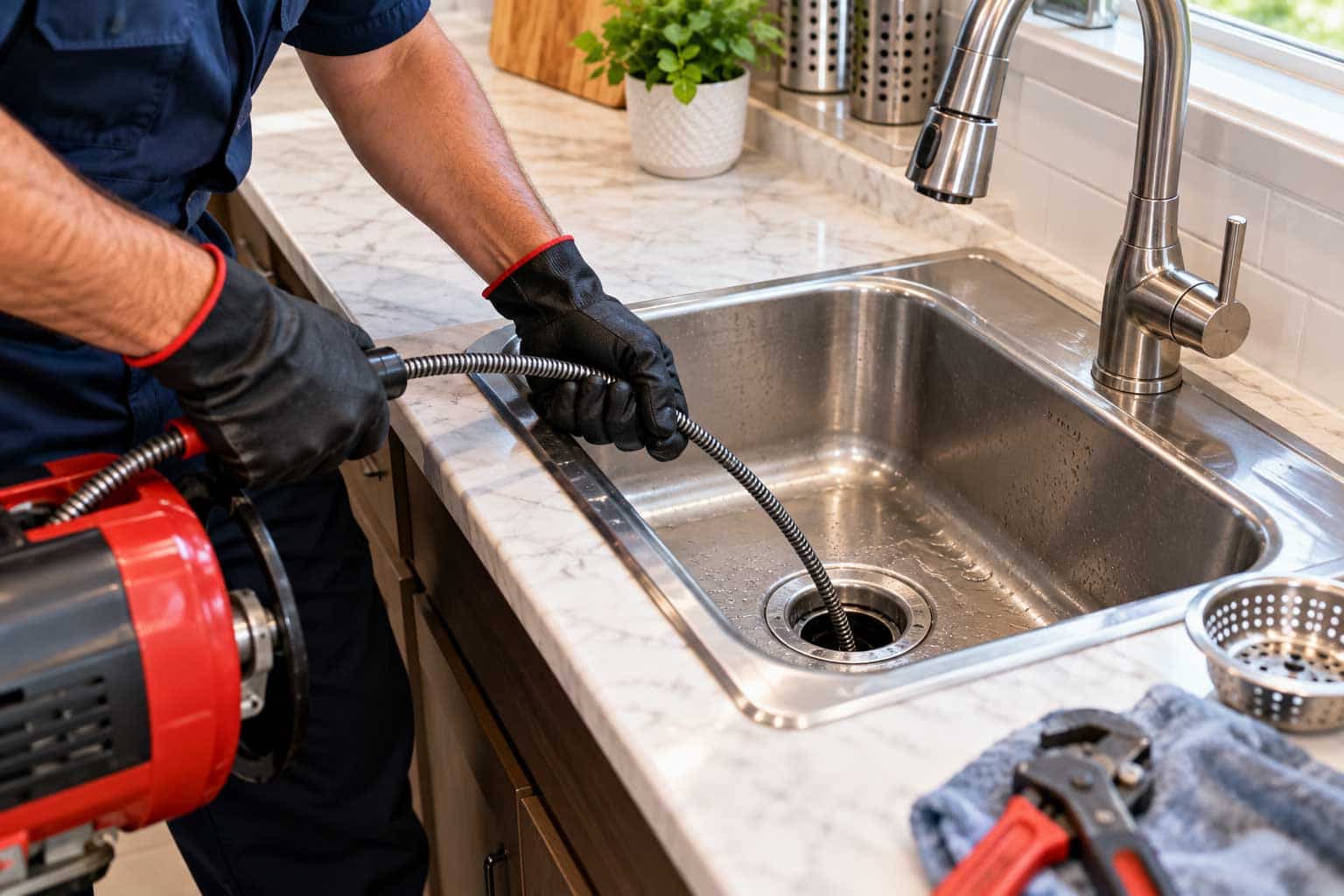 Professional plumber using a drain snake to clean and unclog a kitchen sink drain in a modern home.