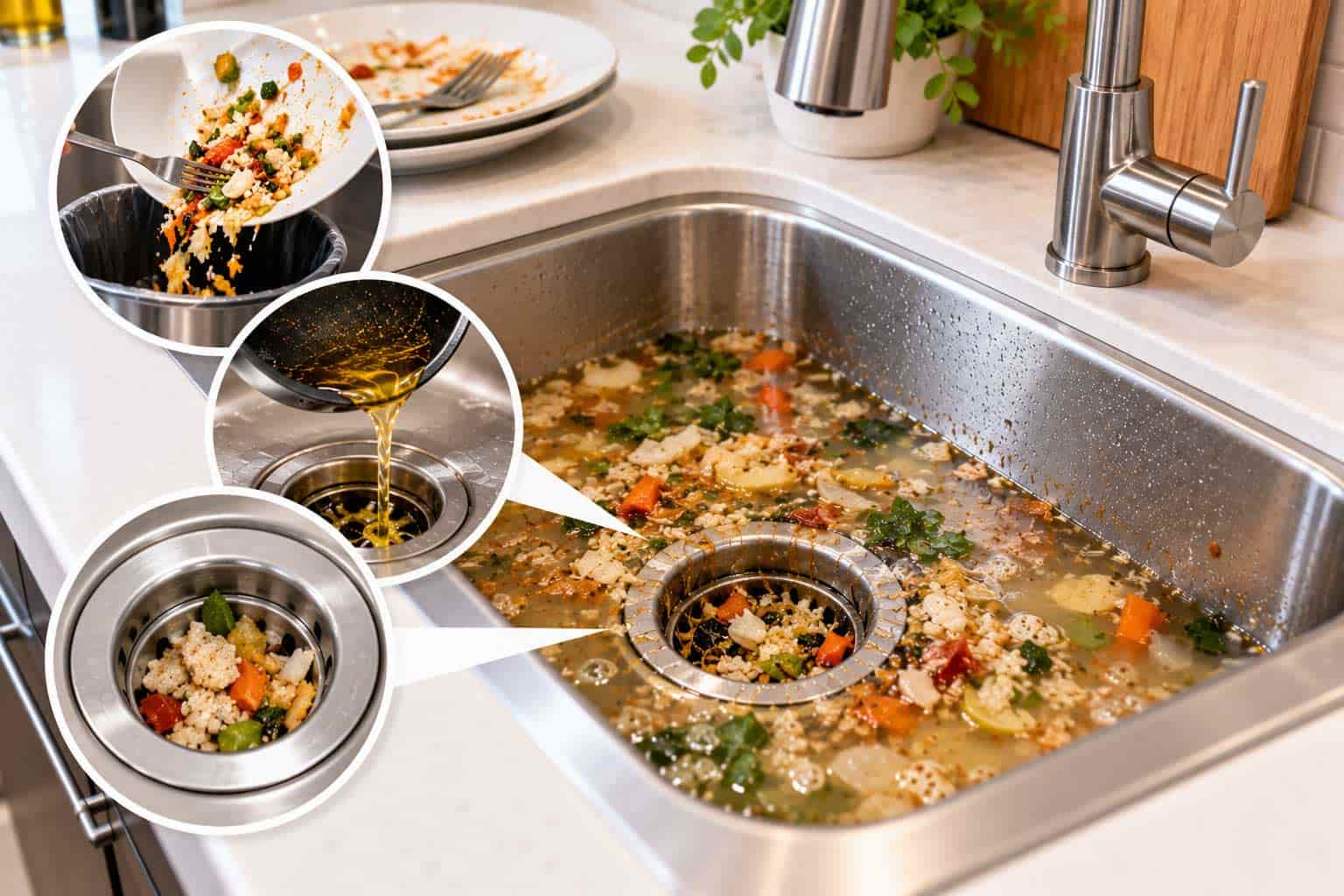 Realistic clogged kitchen sink filled with food scraps, grease, and debris, showing common causes of a blocked drain.