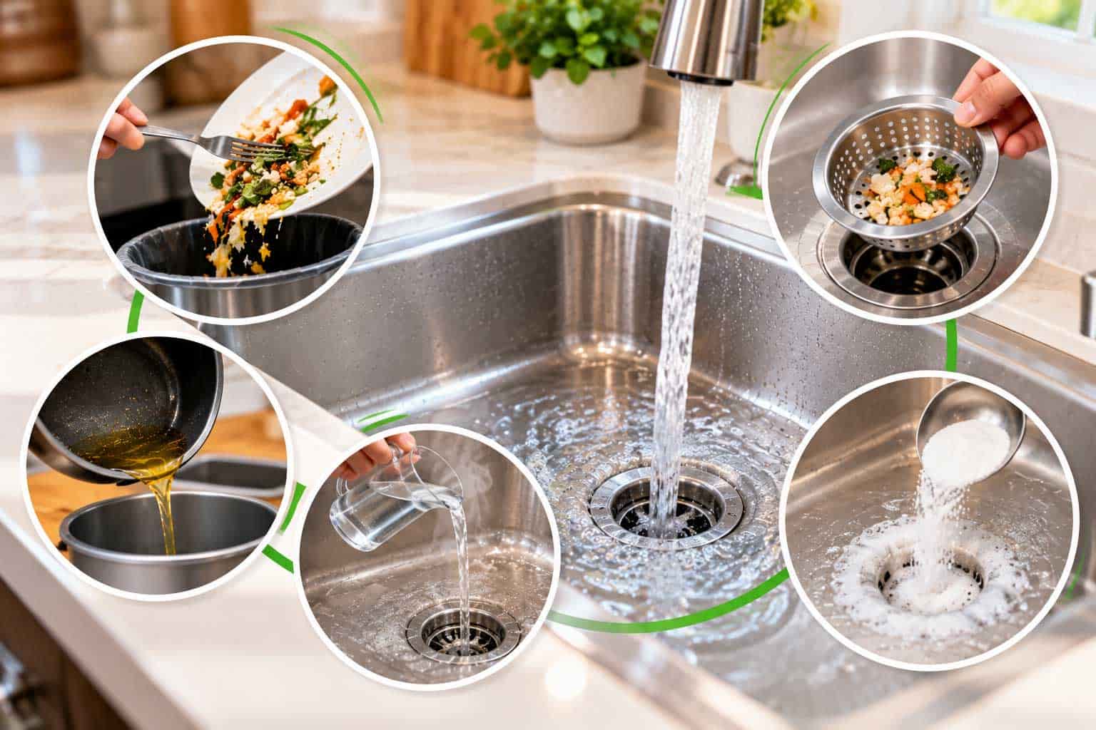 Realistic kitchen sink with practical drain-clog prevention methods, including a drain strainer, proper food waste disposal, grease disposal, and routine drain cleaning. 