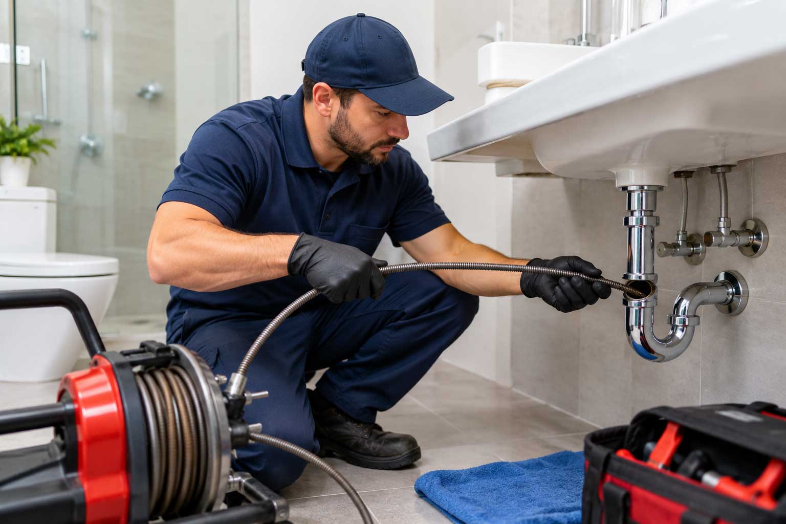 Professional plumber using a drain auger to unclog a stubborn bathroom sink drain. 