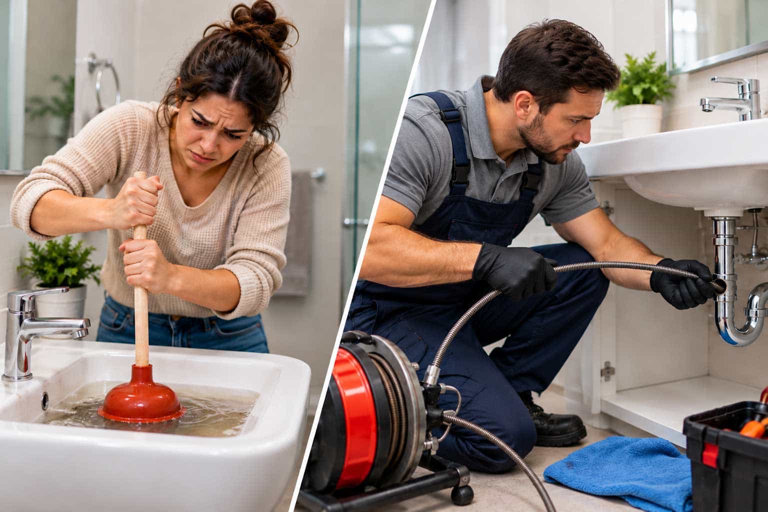 Split-screen comparison of DIY bathroom drain cleaning with a plunger and professional drain cleaning by a plumber using a drain snake.